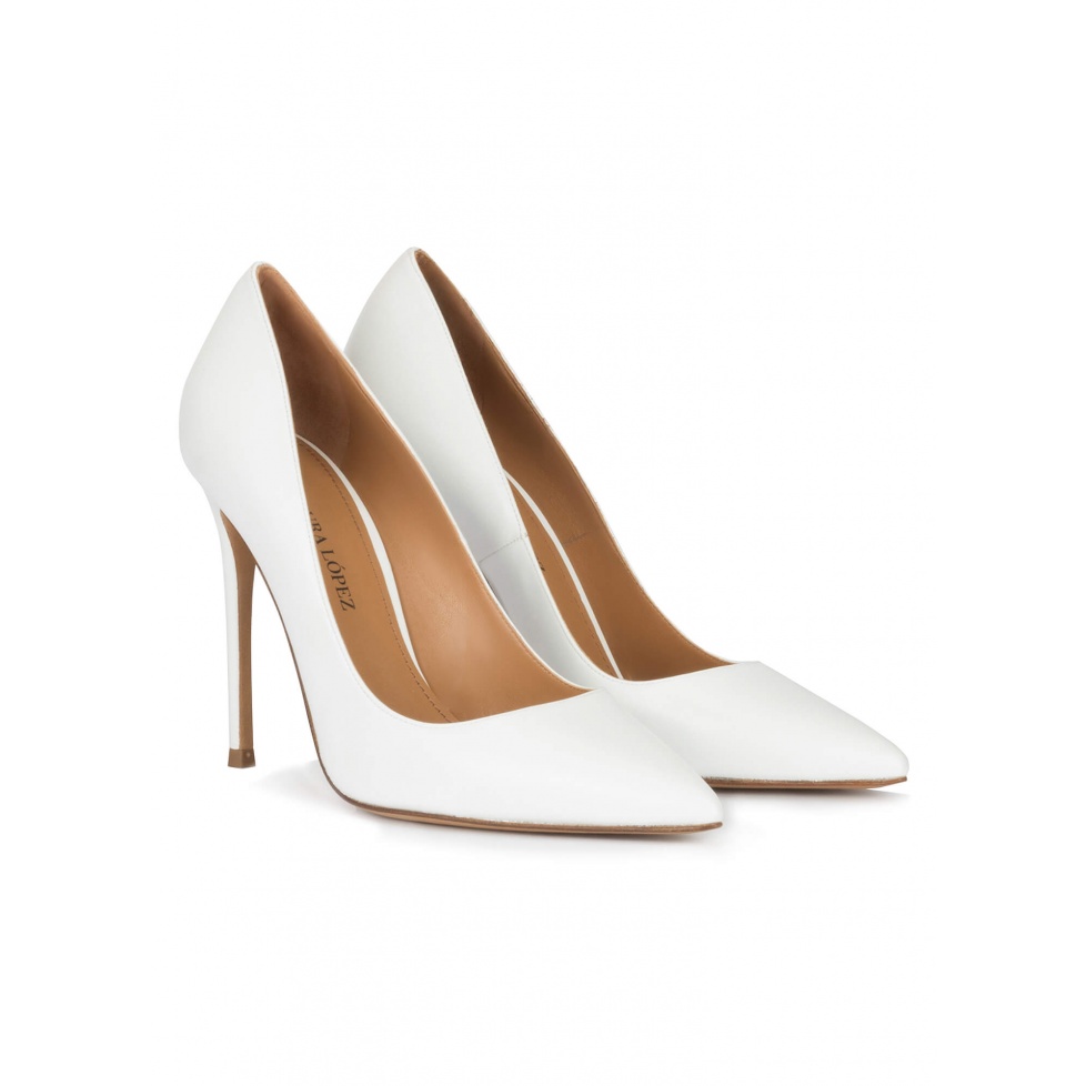 White leather high heel pointy toe pumps