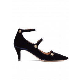 Zapatos de tacón medio en terciopelo azul noche con botones Pura López