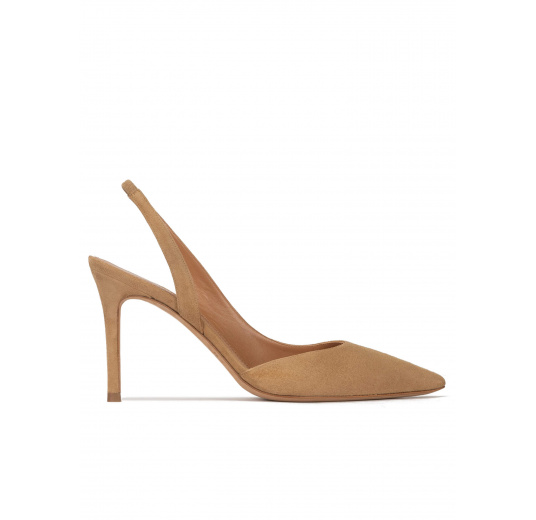 Slingback pointy toe stiletto heel pumps in camel suede Pura López