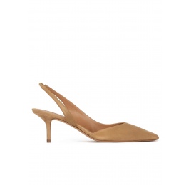 Slingback mid heel pumps in camel suede Pura López