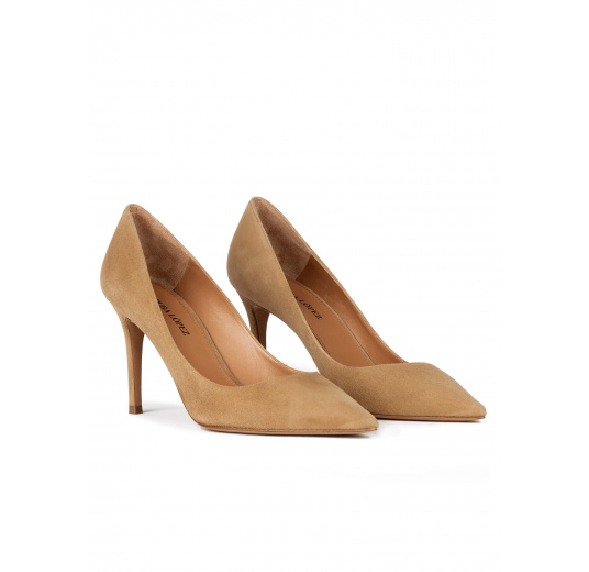 Point-toe high heel pumps in camel suede Pura López