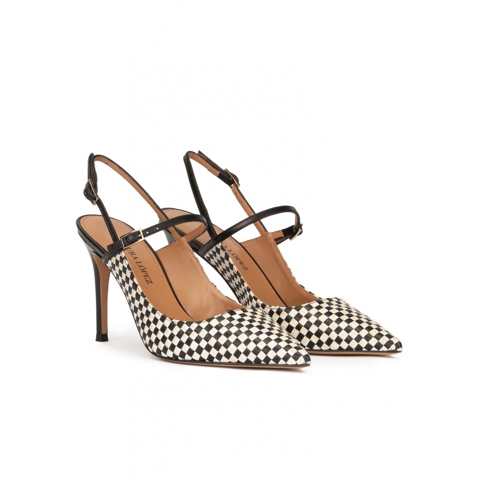 Black and white checked slingback high heel pumps