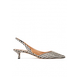 Black slingback pumps in black and white checked raffia Pura López