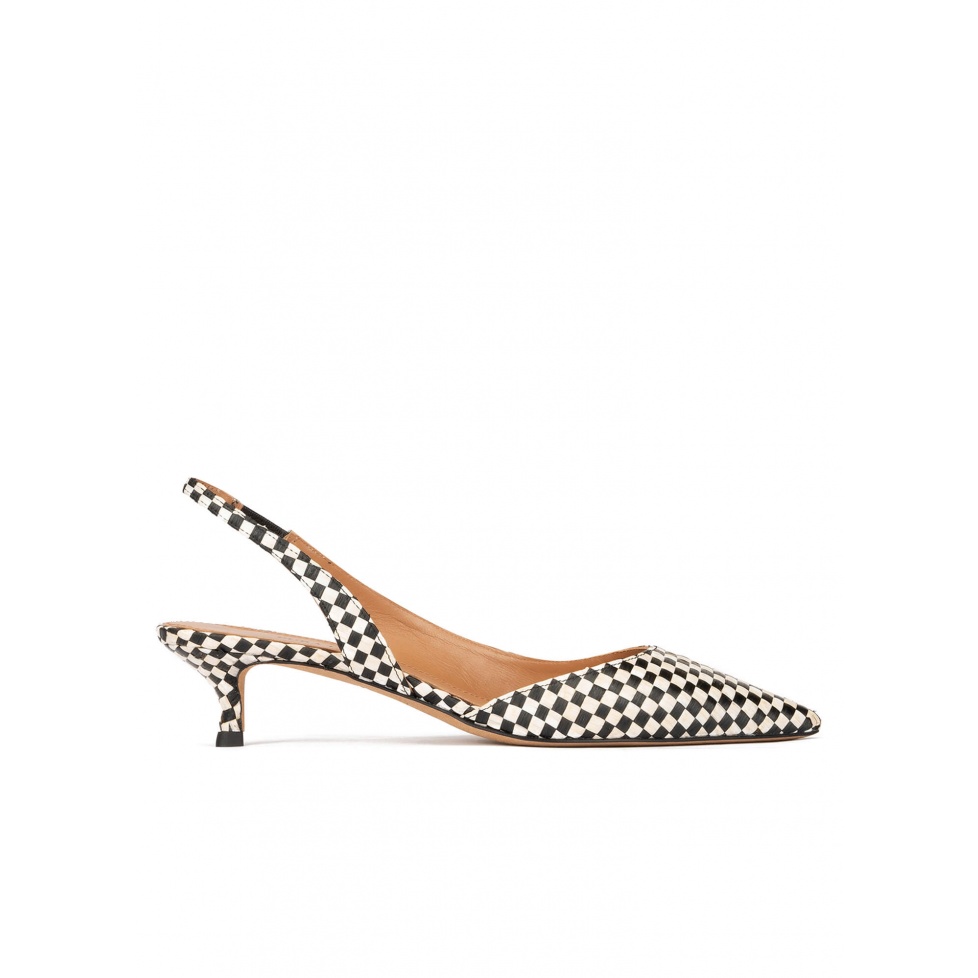 Black slingback pumps in black and white checked raffia