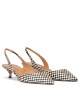 Black slingback pumps in black and white checked raffia