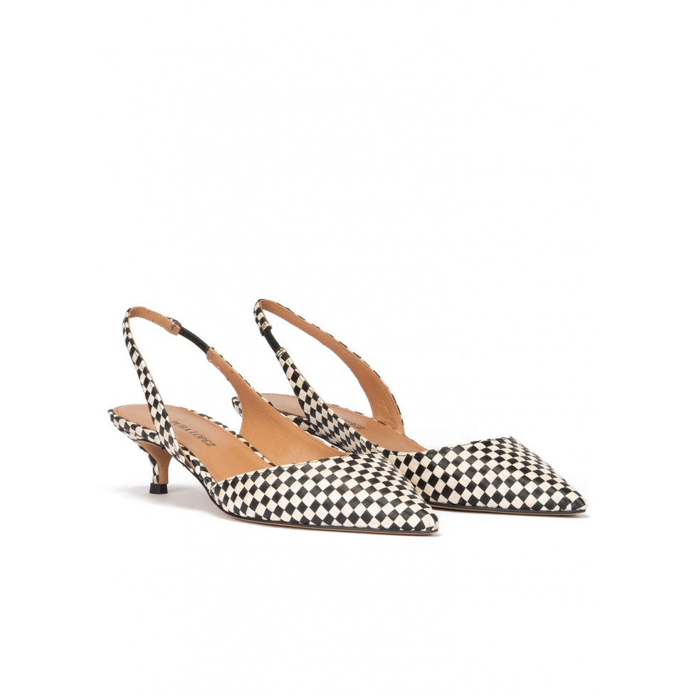 Black slingback pumps in black and white checked raffia