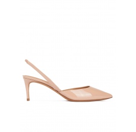 Mid-heeled pointy toe sling-back shoes in nude patent leather Pura López