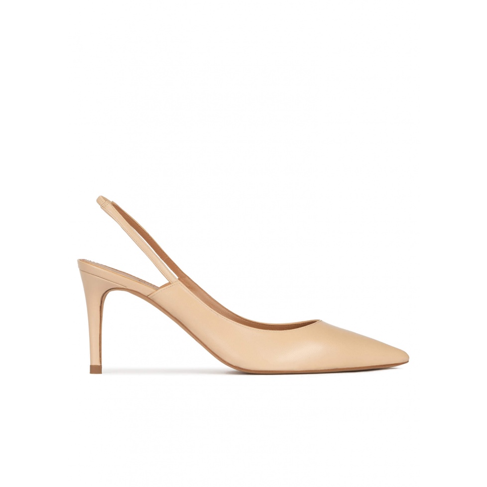 Pointed toe slingback pumps in beige leather