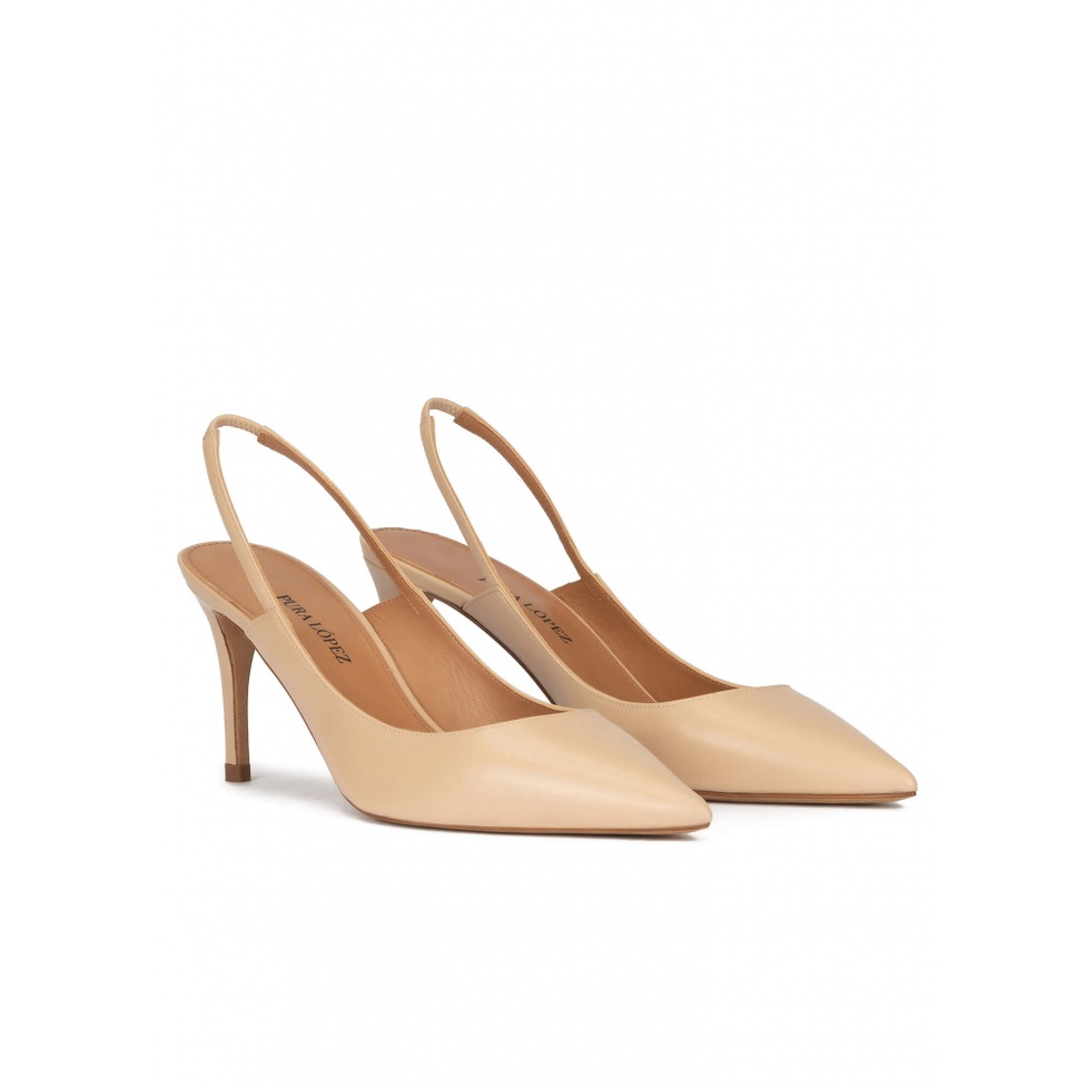 Pointed toe slingback pumps in beige leather