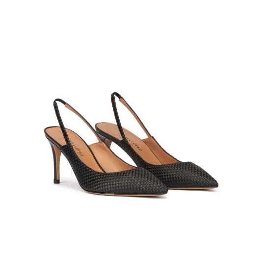 Slingback point-toe mid heel pumps in black raphia Pura López