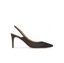 Slingback point-toe mid heel pumps in black raphia Pura López