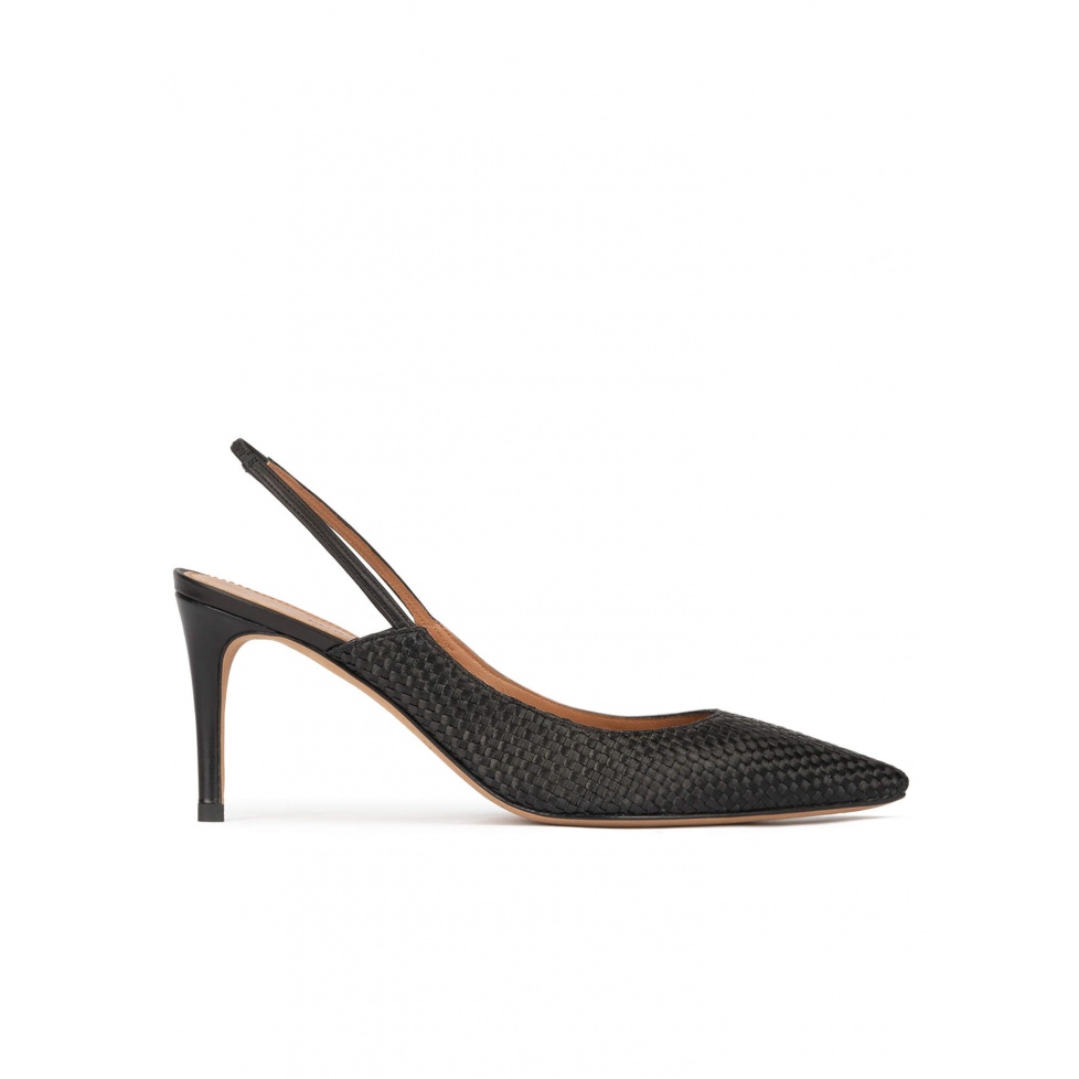 Slingback point-toe mid heel pumps in black raphia