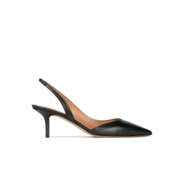 Black leather mid heel pointy toe pumps Pura López