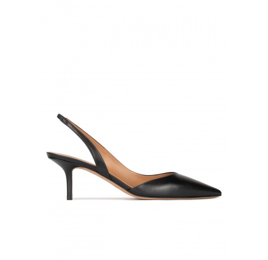 Black leather mid heel pointy toe pumps Pura López