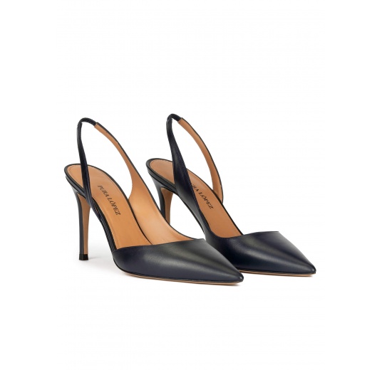 Slingback high heel pumps in navy blue leather Pura López