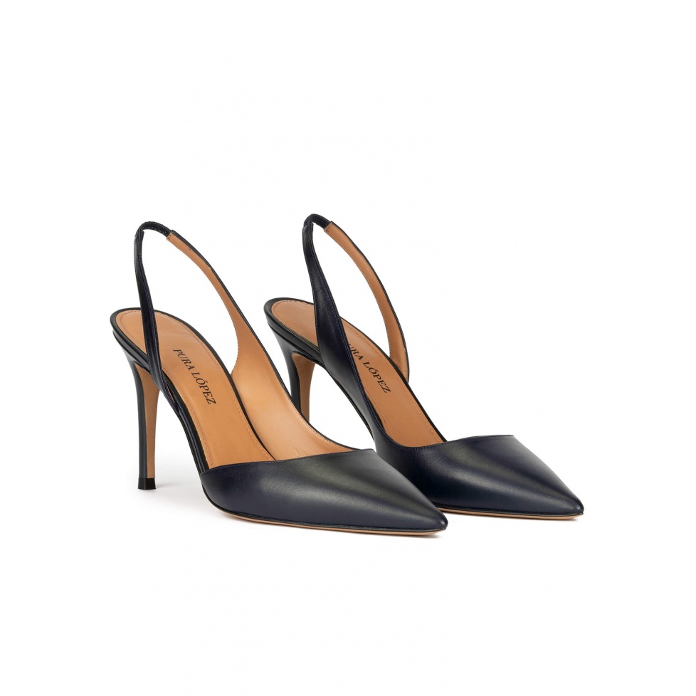 Slingback high heel pumps in navy blue leather