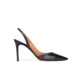 Slingback high heel pumps in navy blue leather Pura López