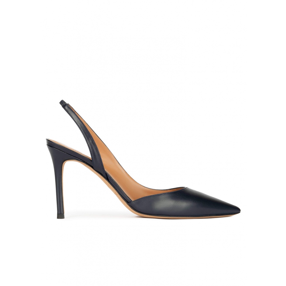 Slingback high heel pumps in navy blue leather