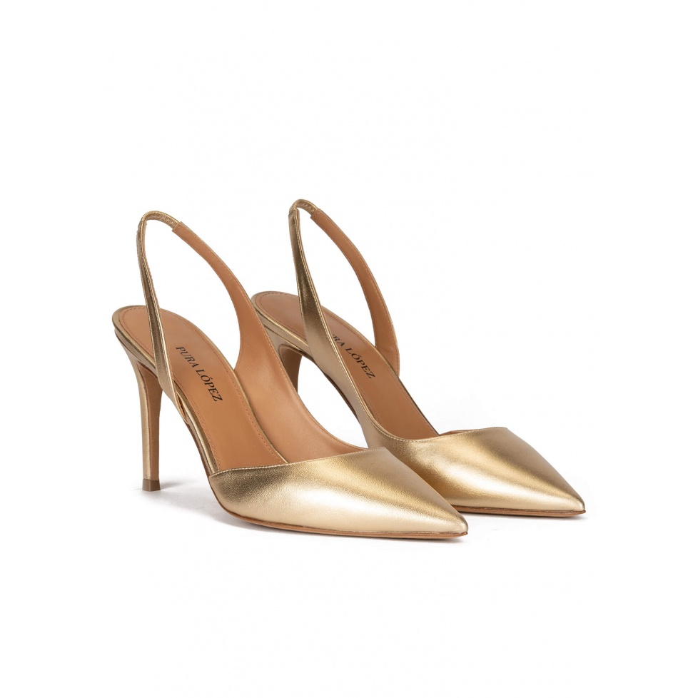 Golden slingback pointy toe pumps with 90mm stiletto heel