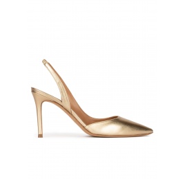 Golden slingback pointy toe pumps with 90mm stiletto heel Pura López