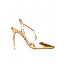 Gold high heel pointed toe slingback pumps in metallic leather Pura López