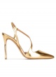 Gold high heel pointed toe slingback pumps in metallic leather