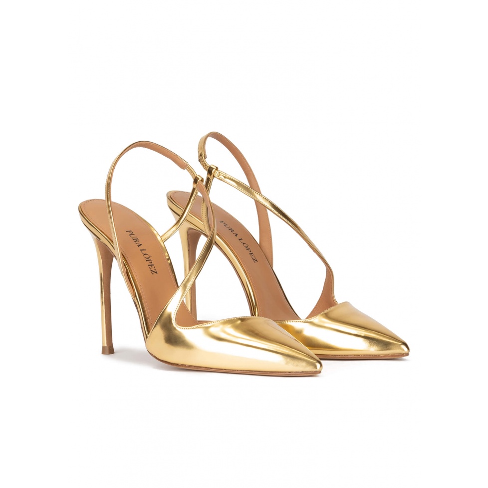 Gold high heel pointed toe slingback pumps