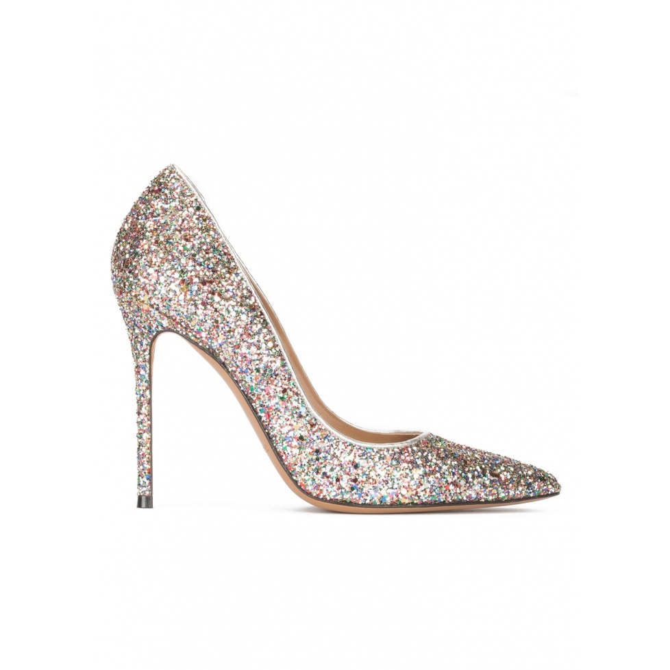 High heel pointy toe pumps in multicolored glitter