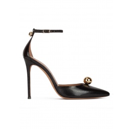 Ankle strap high heel pumps in black textured fabric Pura López