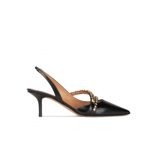 Slingback mid heel pumps in black leather Pura López