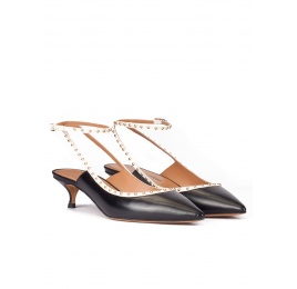 Black leather ankle strap mid heel pointy toe pumps Pura López