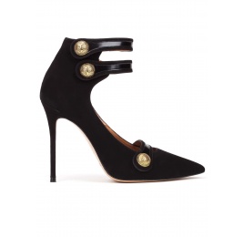Zapatos de tacón alto en ante negro con botones Pura López