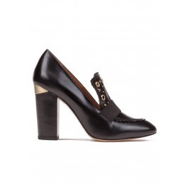 Mocasines de tacón alto en piel color negro Pura López