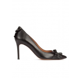 Black leather stiletto heel pointy toe shoes with ruffle details Pura López