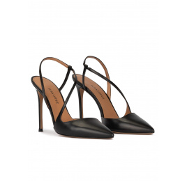 Slingback heeled point-toe pumps in black leather Pura López