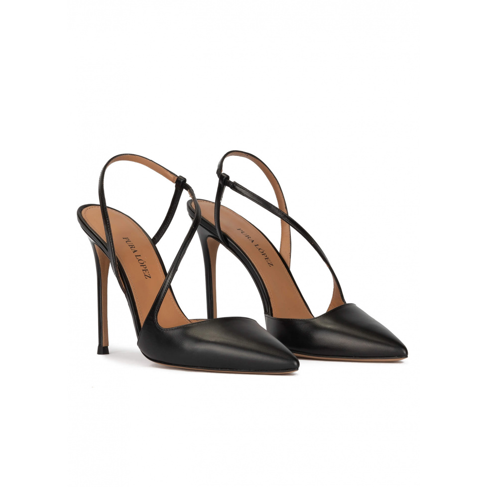 Slingback heeled point-toe pumps in black leather