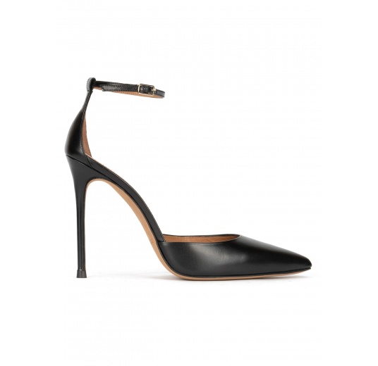 Ankle strap high heel pumps in black leather Pura López