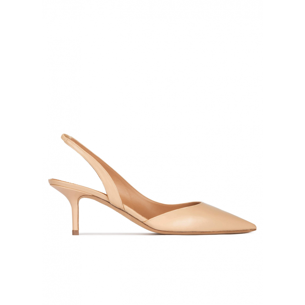 Slingback mid heel pumps in beige leather