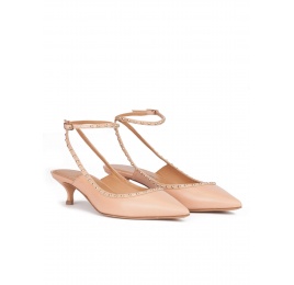 Ankle strap mid heel point-toe pumps in nude leather Pura López