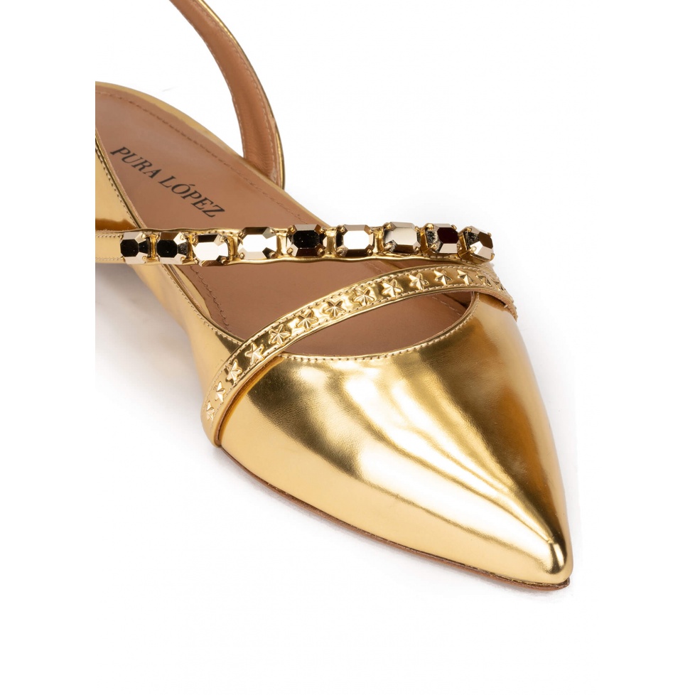 Slingback point-toe flats in gold mirrored leather