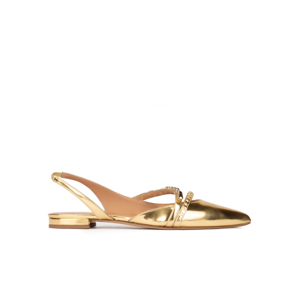 Slingback point-toe flats in gold mirrored leather