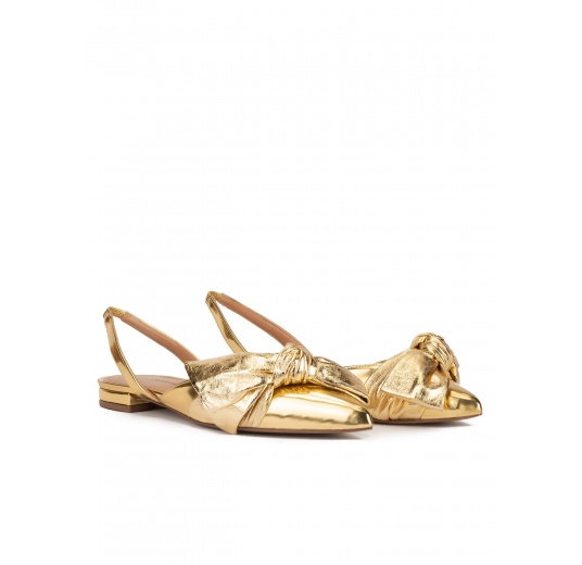 Chaussures plates à brides en cuir métallisé doré Pura López