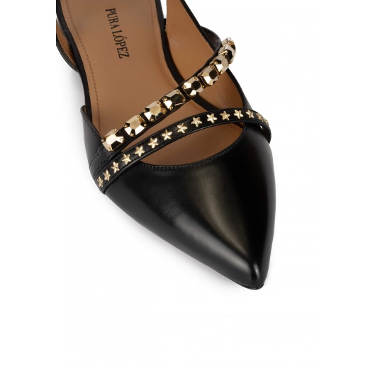 Slingback point-toe flat shoes in black leather Pura López