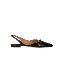 Slingback point-toe flat shoes in black leather Pura López