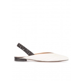 Slingback point-toe flats in white and black leather Pura López