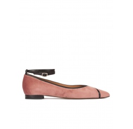 Ankle strap point-toe flat shoes in nude velvet Pura López