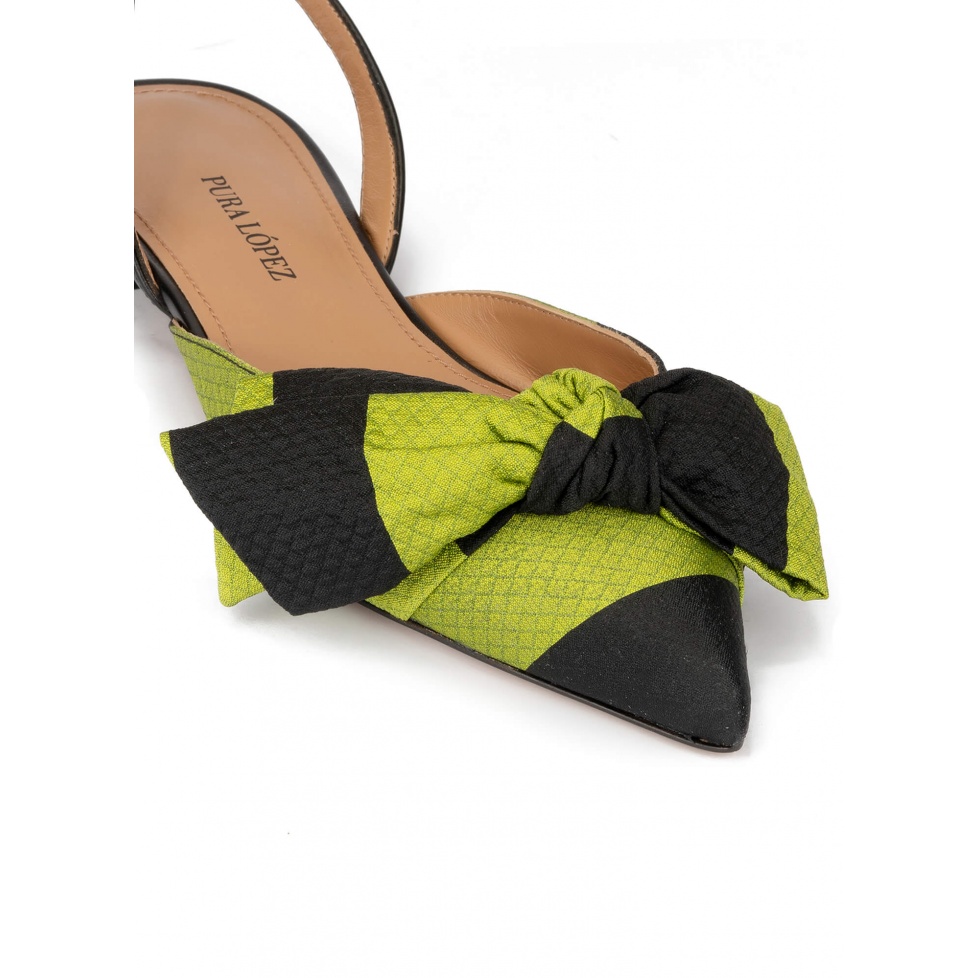 Slingback pointy toe flats in green and black fabric