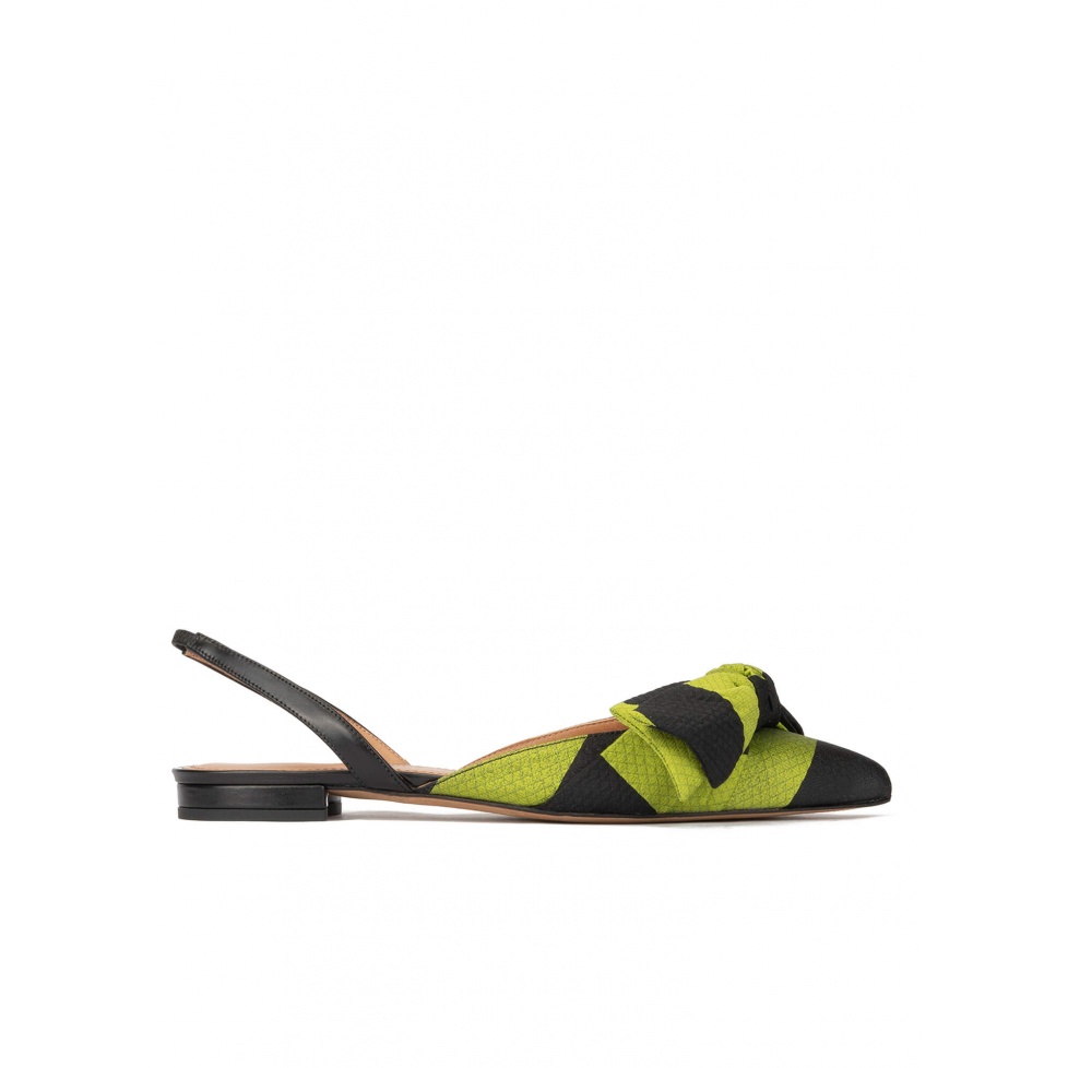 Slingback pointy toe flats in green and black fabric