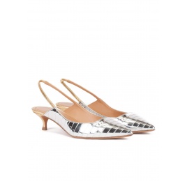 Slingback mid heel pumps in silver and gold leather Pura López