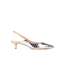 Slingback mid heel pumps in silver and gold leather Pura López